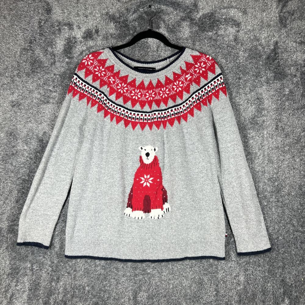 Tommy Hilfiger Sweater Womens M Gray Fair Isle Polar Bear Crewneck Knit